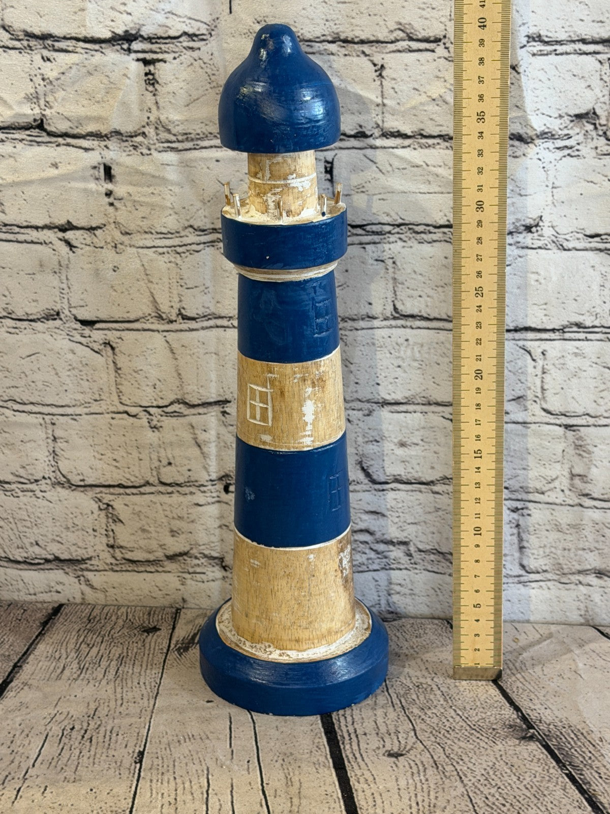 40cm Blue White Wooden Lighthouse Ornament Nautical Coastal Sculpture Statue3