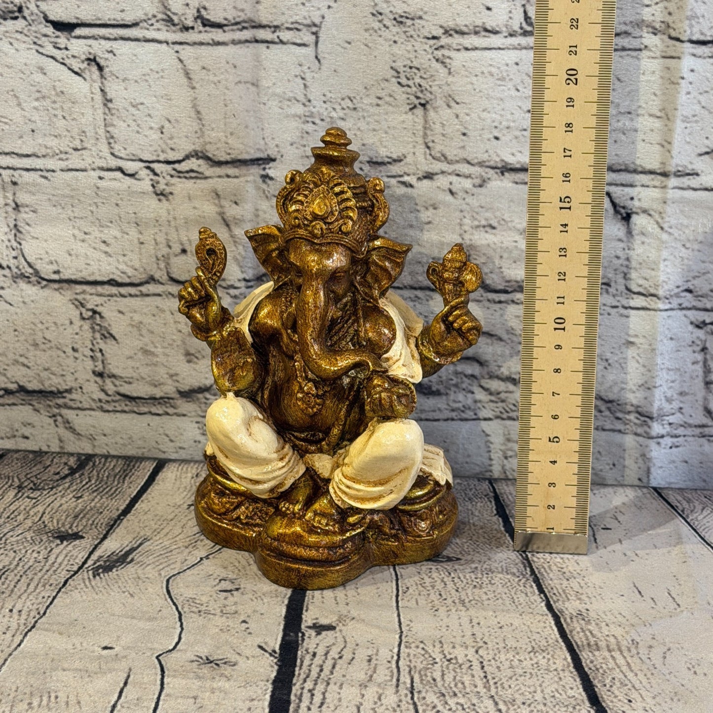 Cream & Bronze 18cm Large Ganesh Ganesa Sitting On Lotus Statue Resin Hindu5