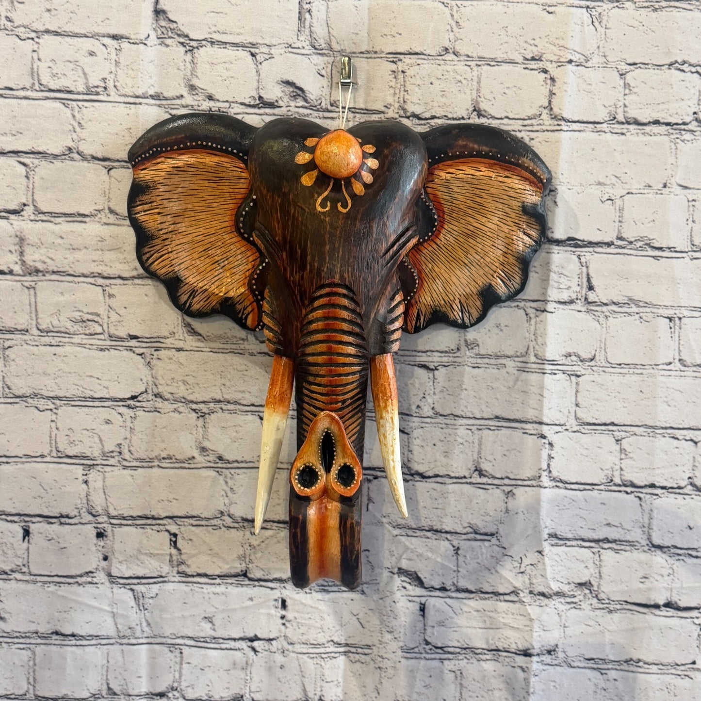 40cm x 35cm Brown Light Painted Wood Elephant Head Wall Mounted Art Shabby2
