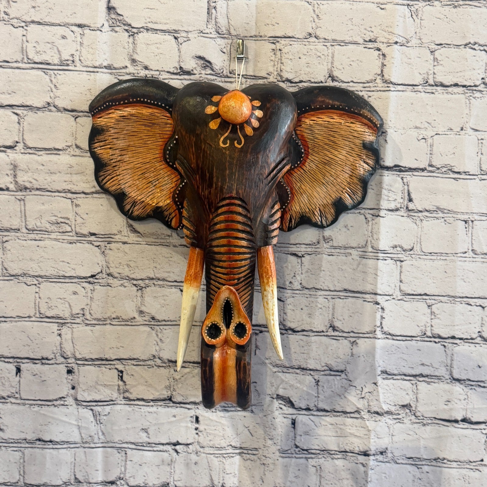 40cm x 35cm Brown Light Painted Wood Elephant Head Wall Mounted Art Shabby2