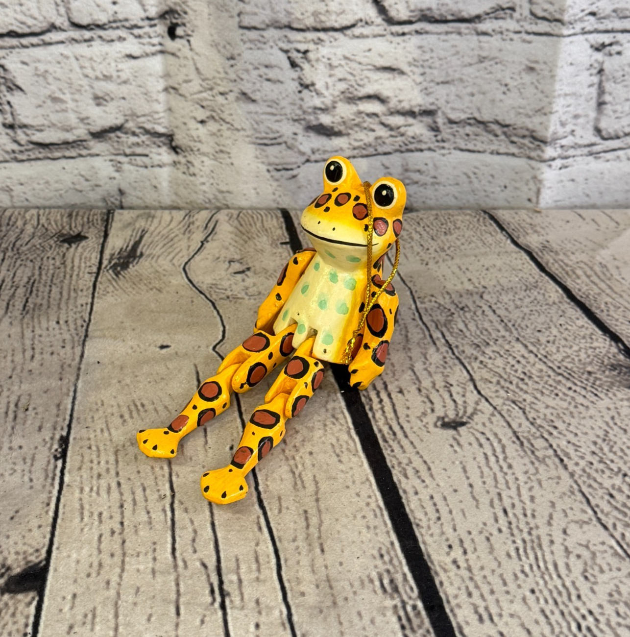 10cm Yellow Frog Sitting Animal, Wooden Shelf Ornament Handmade Fairtrade0