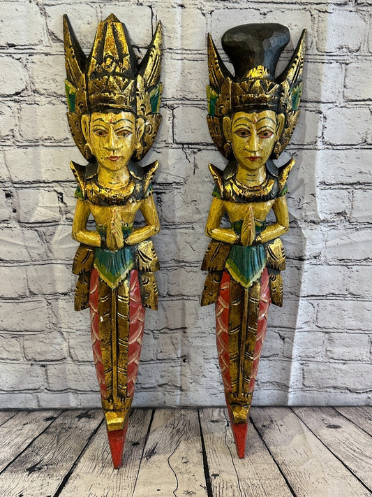 Old Antique Colour Sita Dewi Bali Rice Goddess Wings Mermaid Wood 60cm Pair0