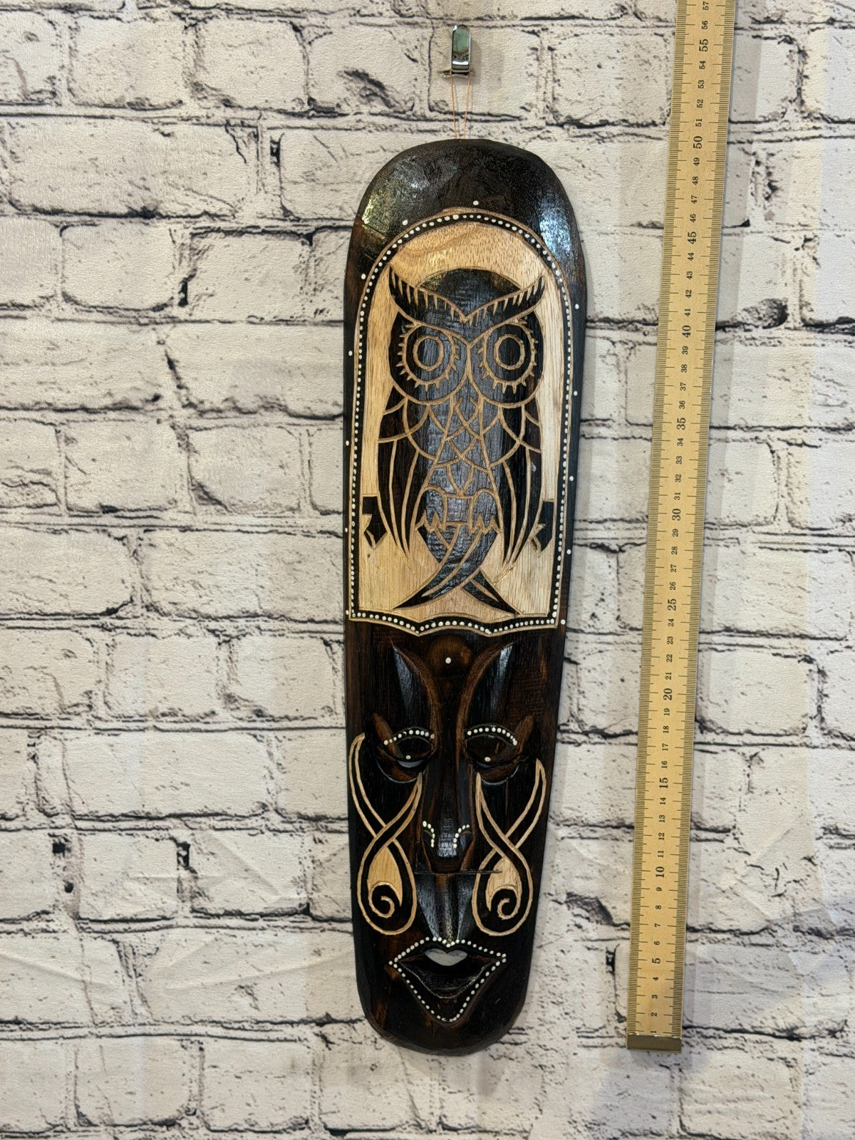 50cm Owl Mask Carved Wooden Brown Work Painted Ethnic Tribal Tiki Wall Art4