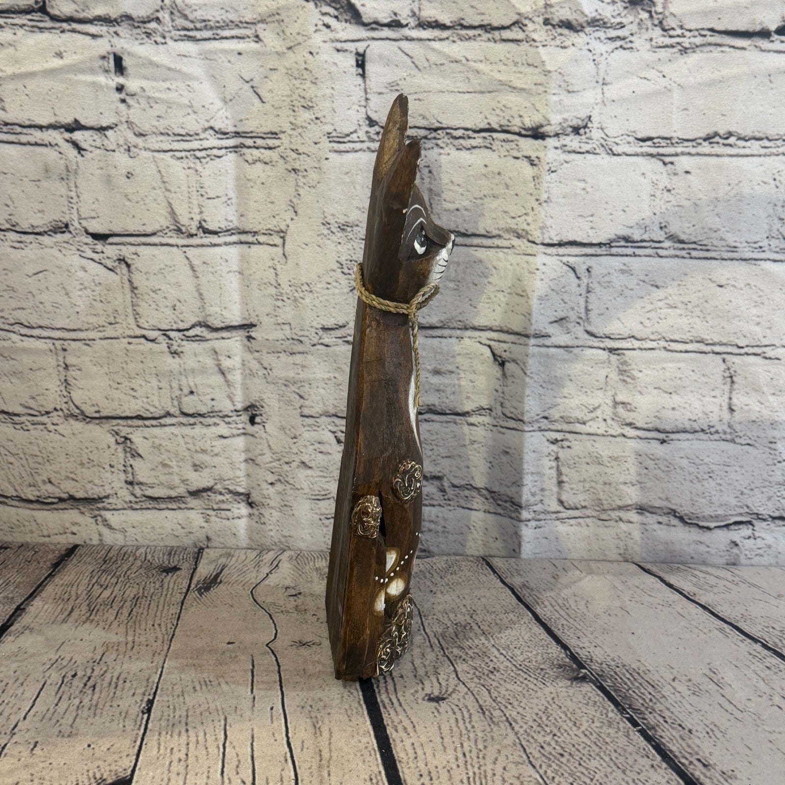 30cm Brown Silver Dots Wooden Shabby Cat Statue Ornament Fair Trade Handcarved3