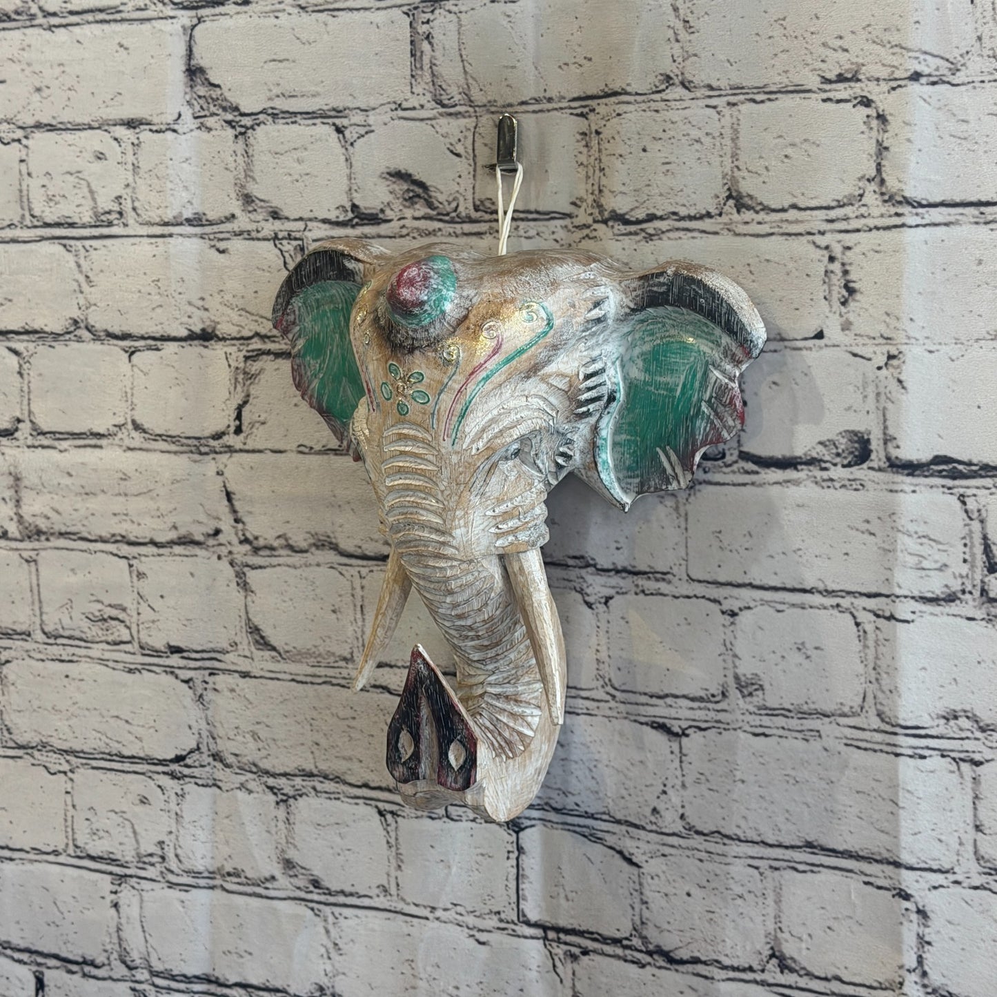 25cm x 25cm Silver Green Painted Wood Elephant Head Wall Mounted Art Shabby1