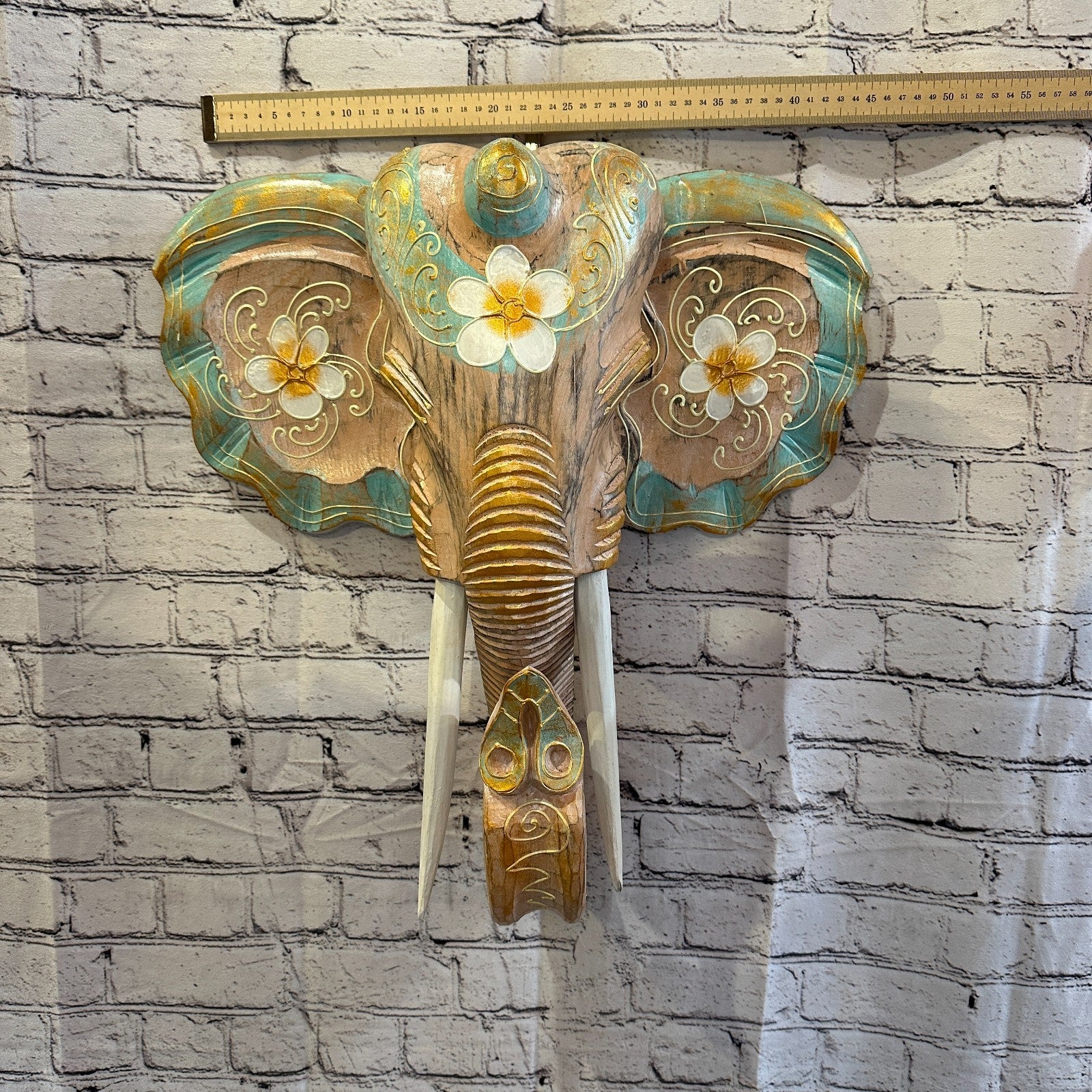 50cm x 45cm Green Flower Painted Wood Elephant Head Wall Mounted Art Shabby3