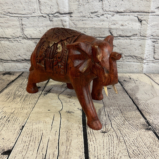 20cm x 15cm Carved Wooden Baby Elephant Wood Brown Sculpture Retro Handmade0