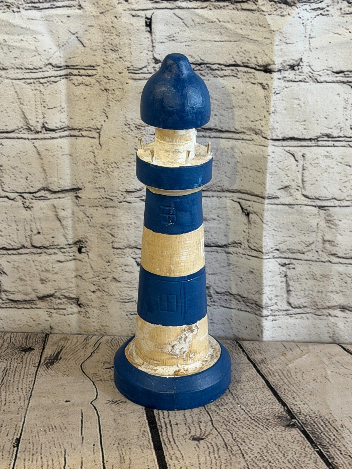 30cm Blue White Wooden Lighthouse Ornament Nautical Coastal Sculpture Statue2