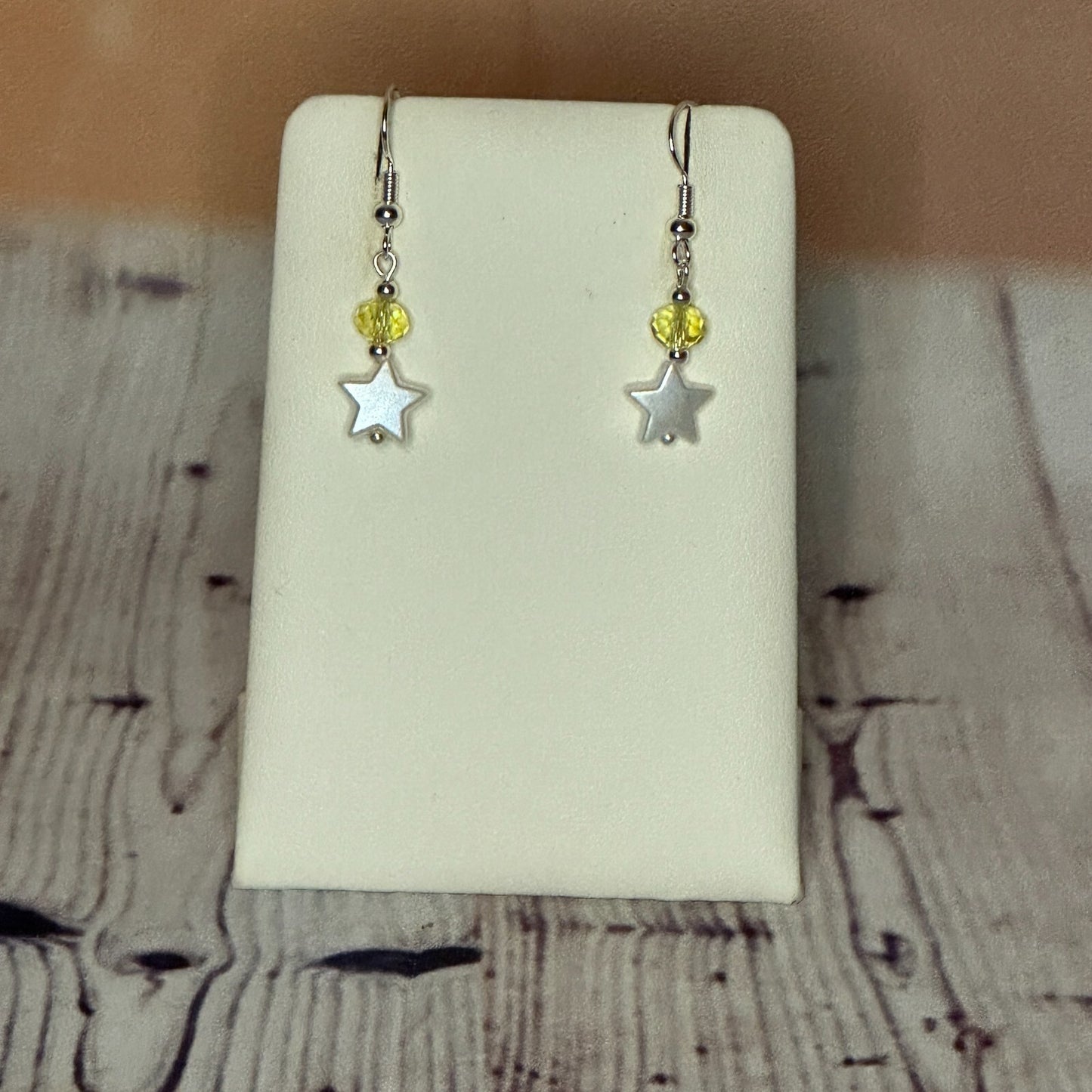 Yellow Crystal And White Star Shaped Dangle Drop Earrings Handmade UK Jewellery0
