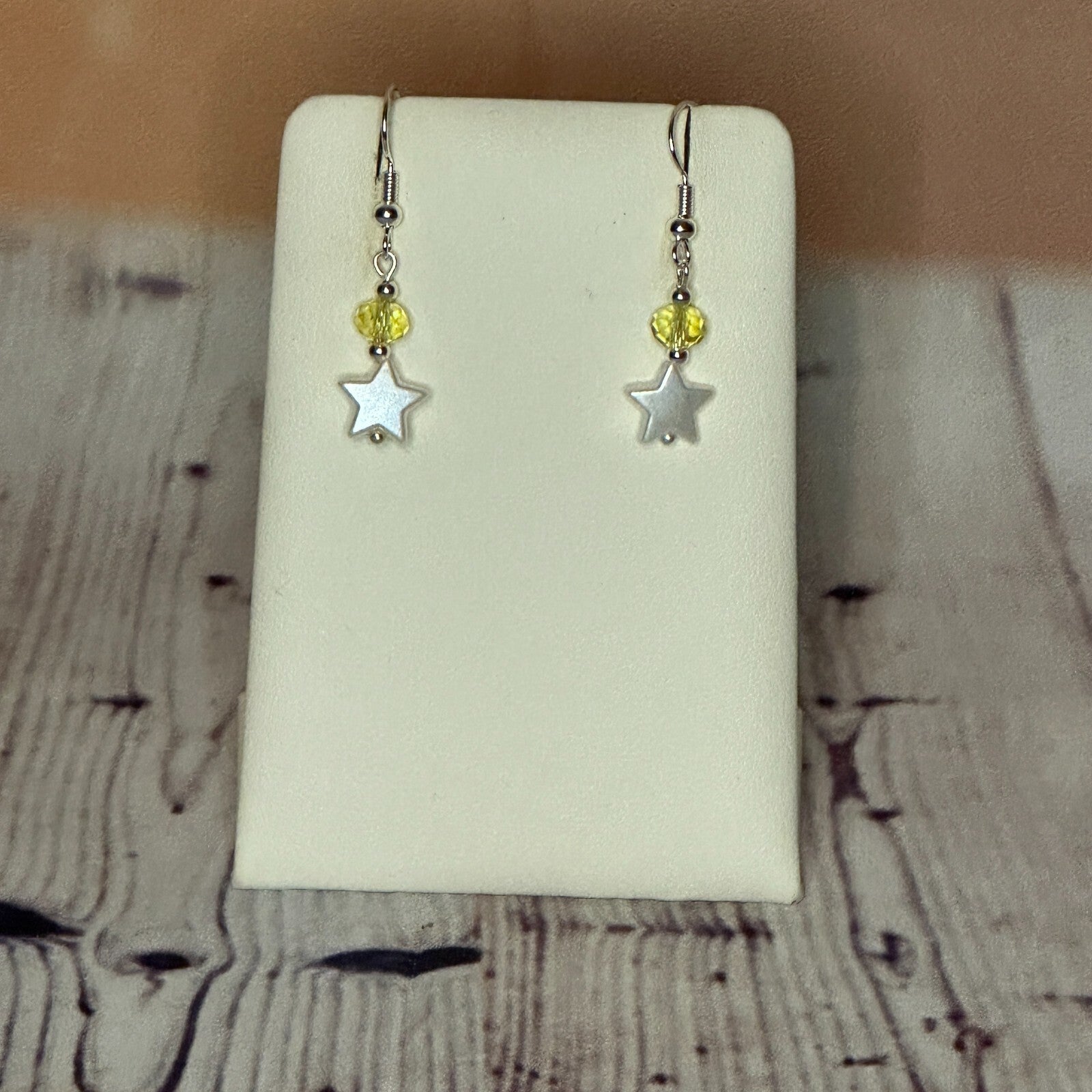 Yellow Crystal And White Star Shaped Dangle Drop Earrings Handmade UK Jewellery0