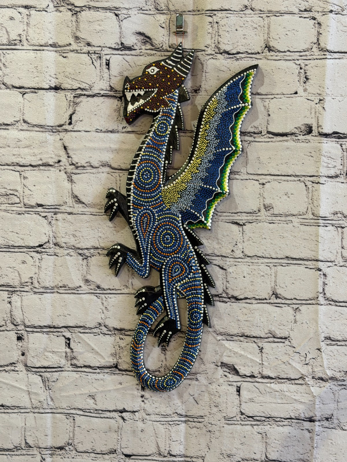 45cm Dragon Carved Wooden Dot Painted Ethnic Tribal Tiki Wall Art No 22