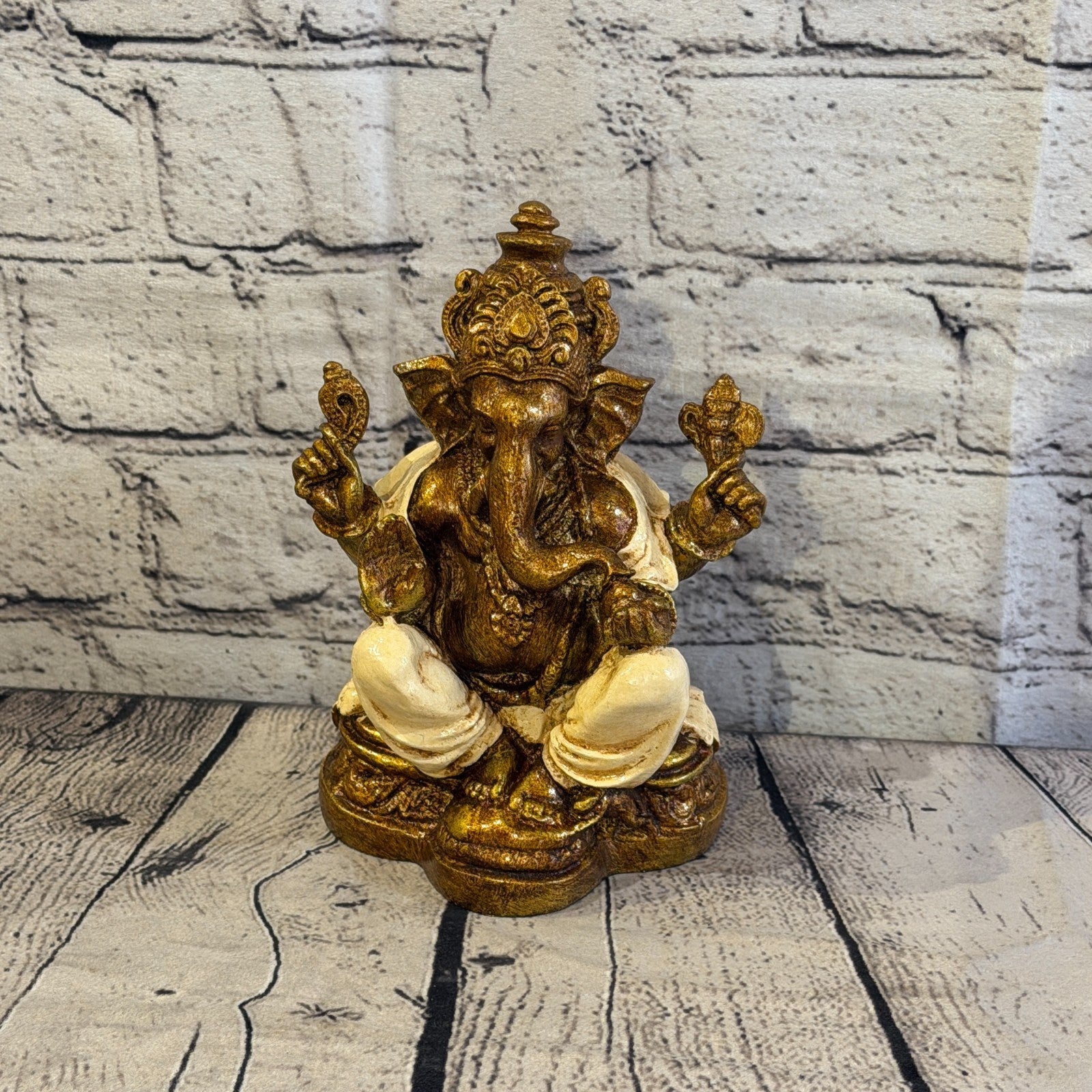 Cream & Bronze 18cm Large Ganesh Ganesa Sitting On Lotus Statue Resin Hindu0
