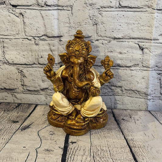 Cream & Bronze 18cm Large Ganesh Ganesa Sitting On Lotus Statue Resin Hindu0