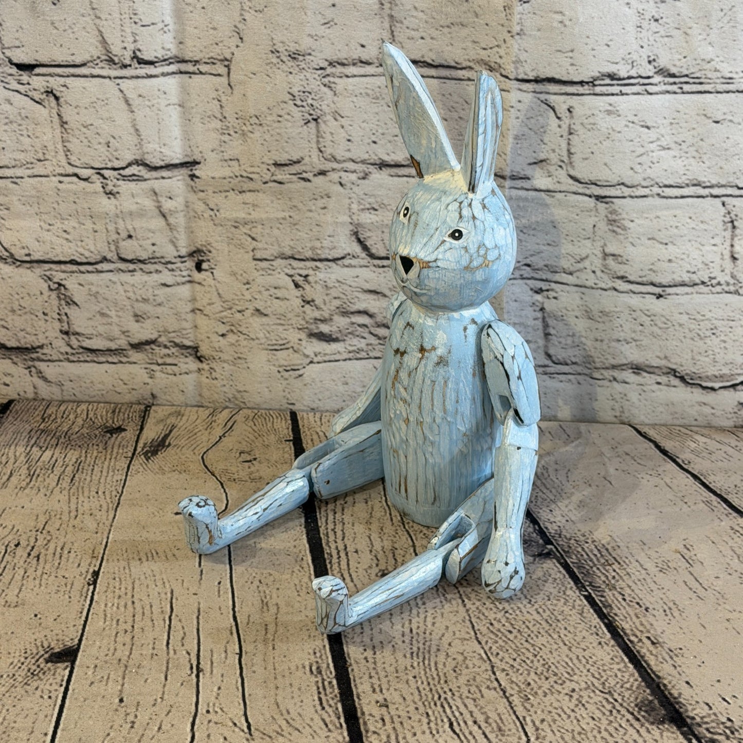 25cm Blue Bunny Rabbit Sitting Animal, Wooden Shelf Ornament Handmade Fairtrade0