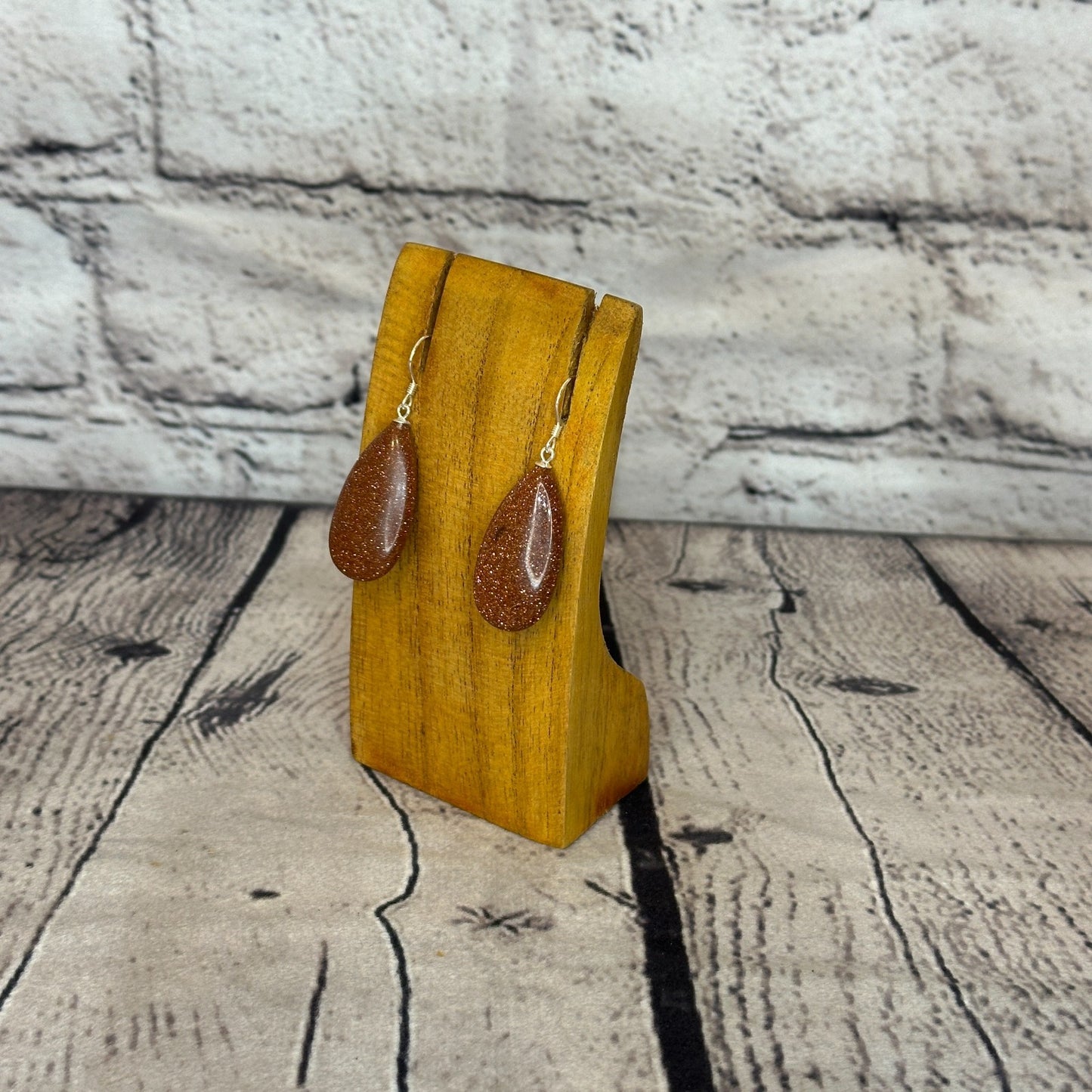 Gold Goldstone Teardrop Stone 925 Silver Dangle Drop Earrings Handmade Jewellery1