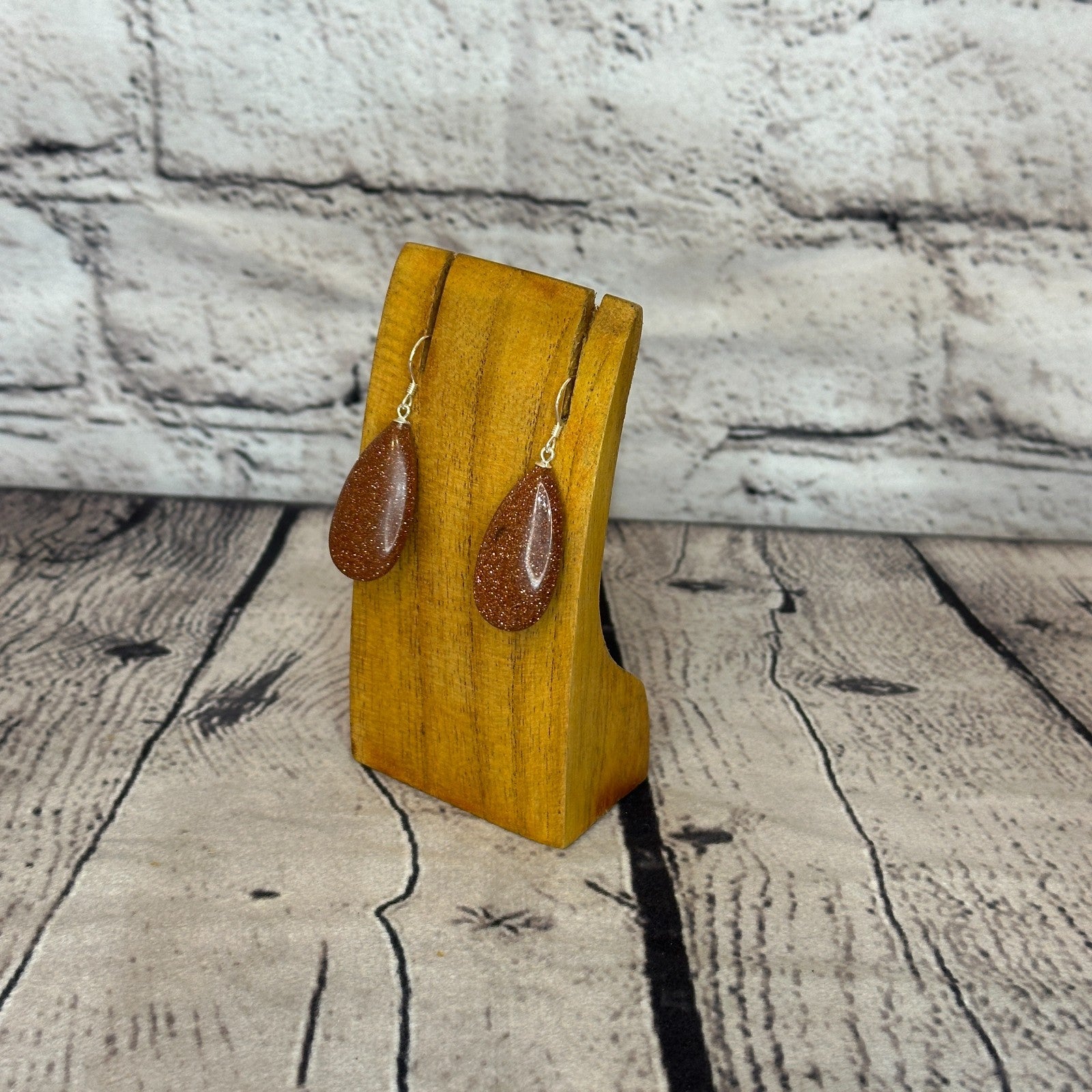 Gold Goldstone Teardrop Stone 925 Silver Dangle Drop Earrings Handmade Jewellery1