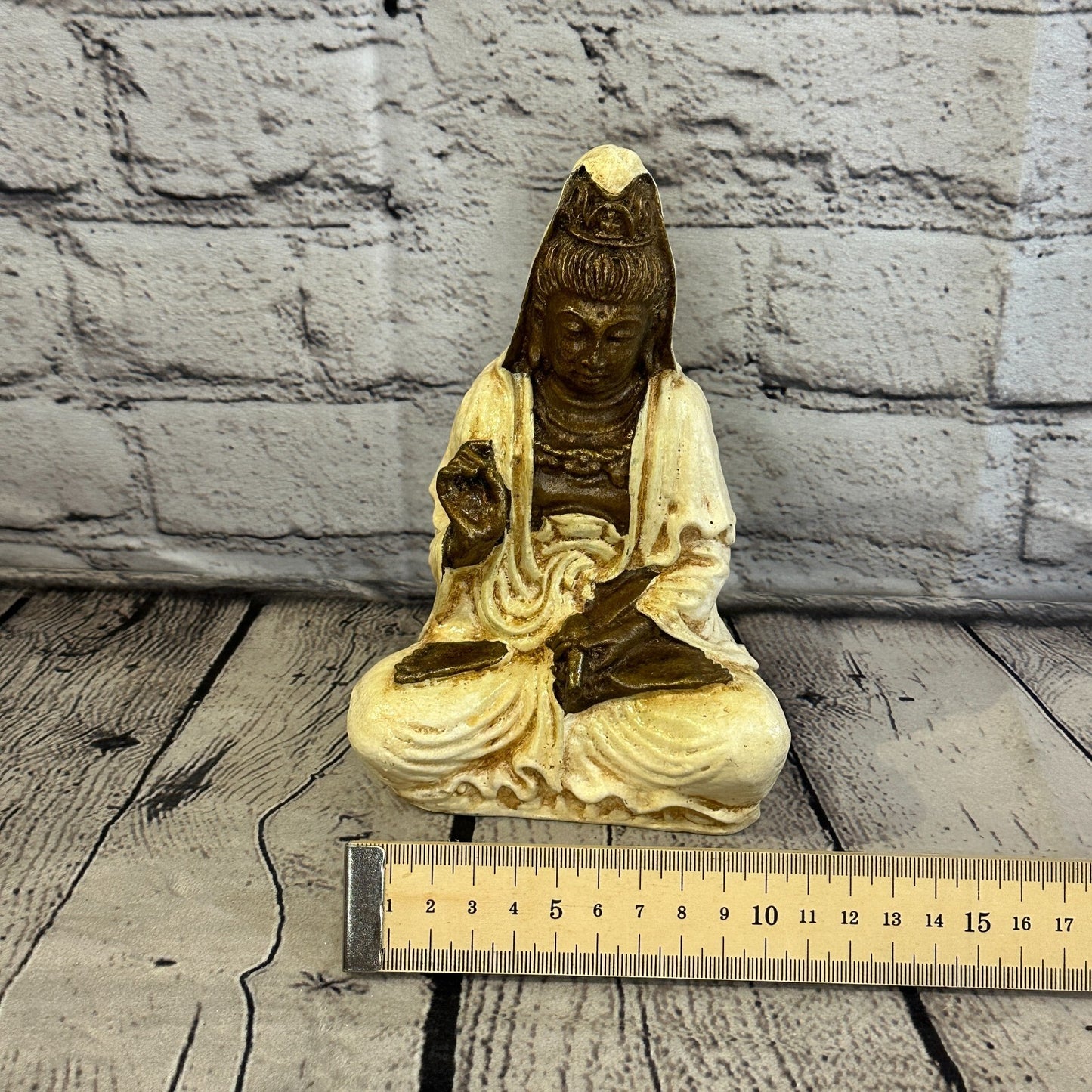 White & Bronze 18cm x 10cm Small Quan Yin Sitting Lotus Statue Resin Hindu God7