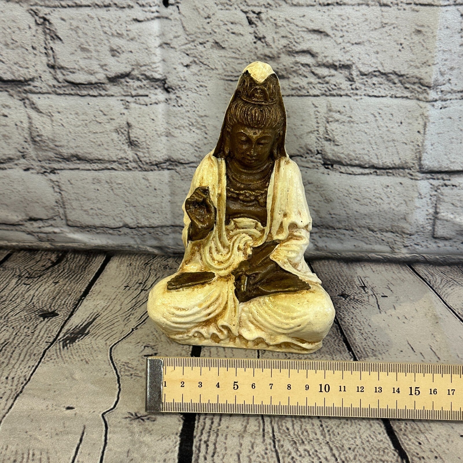 White & Bronze 18cm x 10cm Small Quan Yin Sitting Lotus Statue Resin Hindu God7