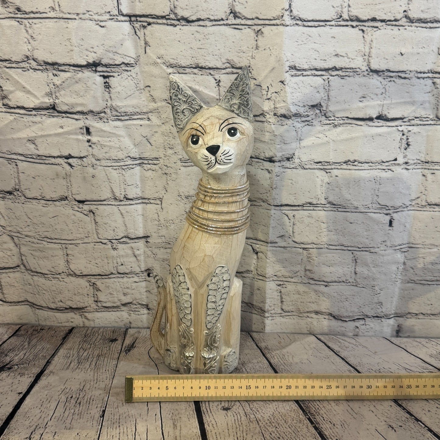 40cm White Silver Dots Wooden Shabby Cat Statue Ornament Fair Trade Handcarved6