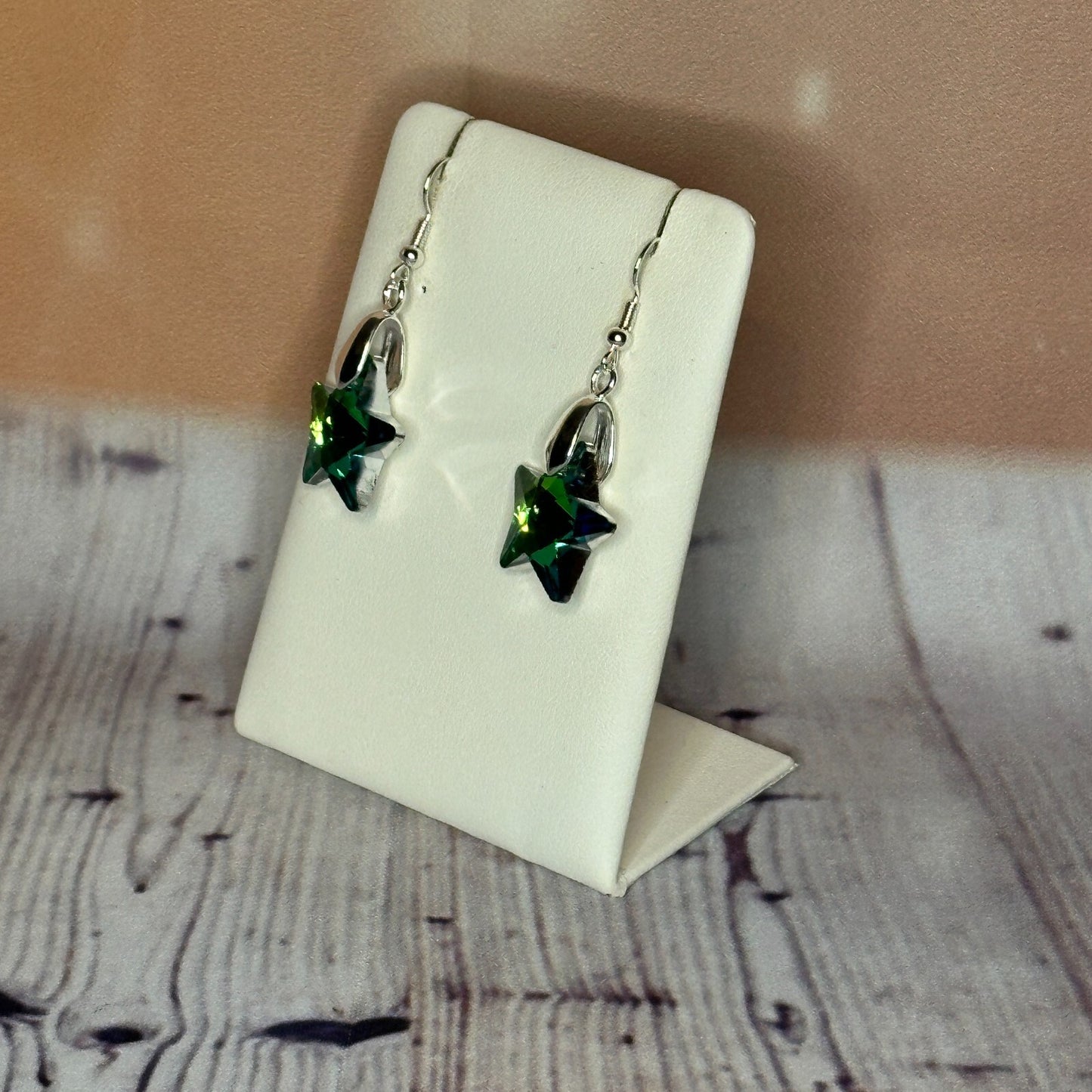 Light Green Crystal Star Shaped Dangle Drop Earrings Handmade UK Jewellery1