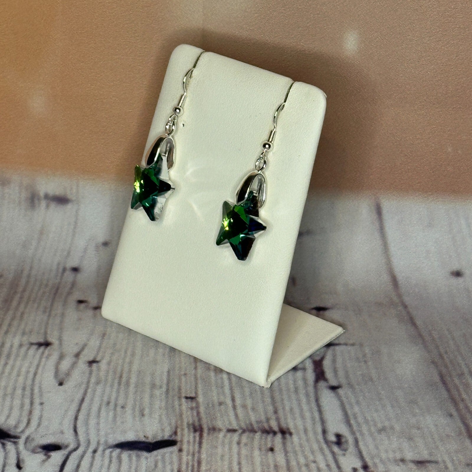 Light Green Crystal Star Shaped Dangle Drop Earrings Handmade UK Jewellery1