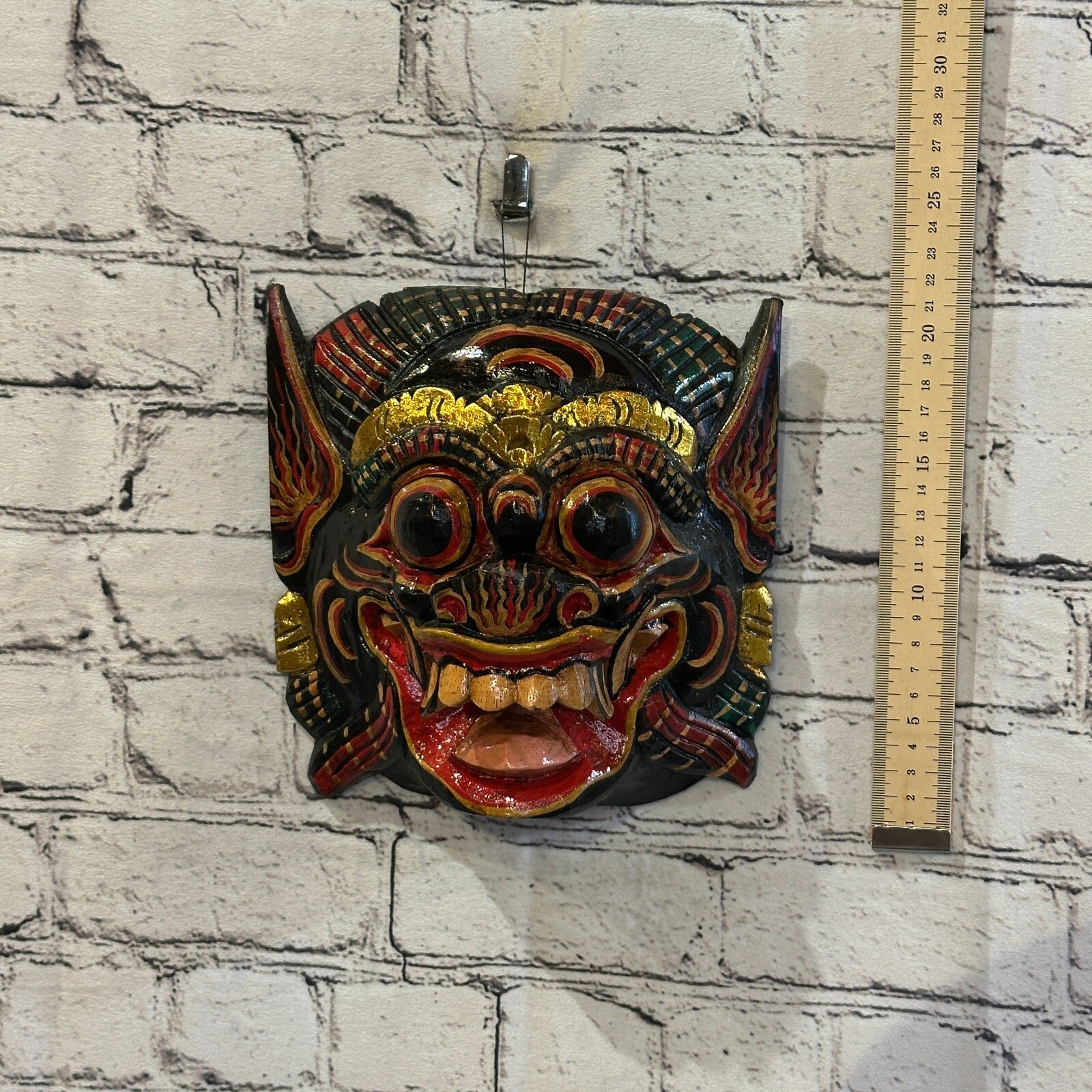 Large Wooden Black Barong Wall Mask 20cm x 20cm Handmade And Fairtrade Hindu3