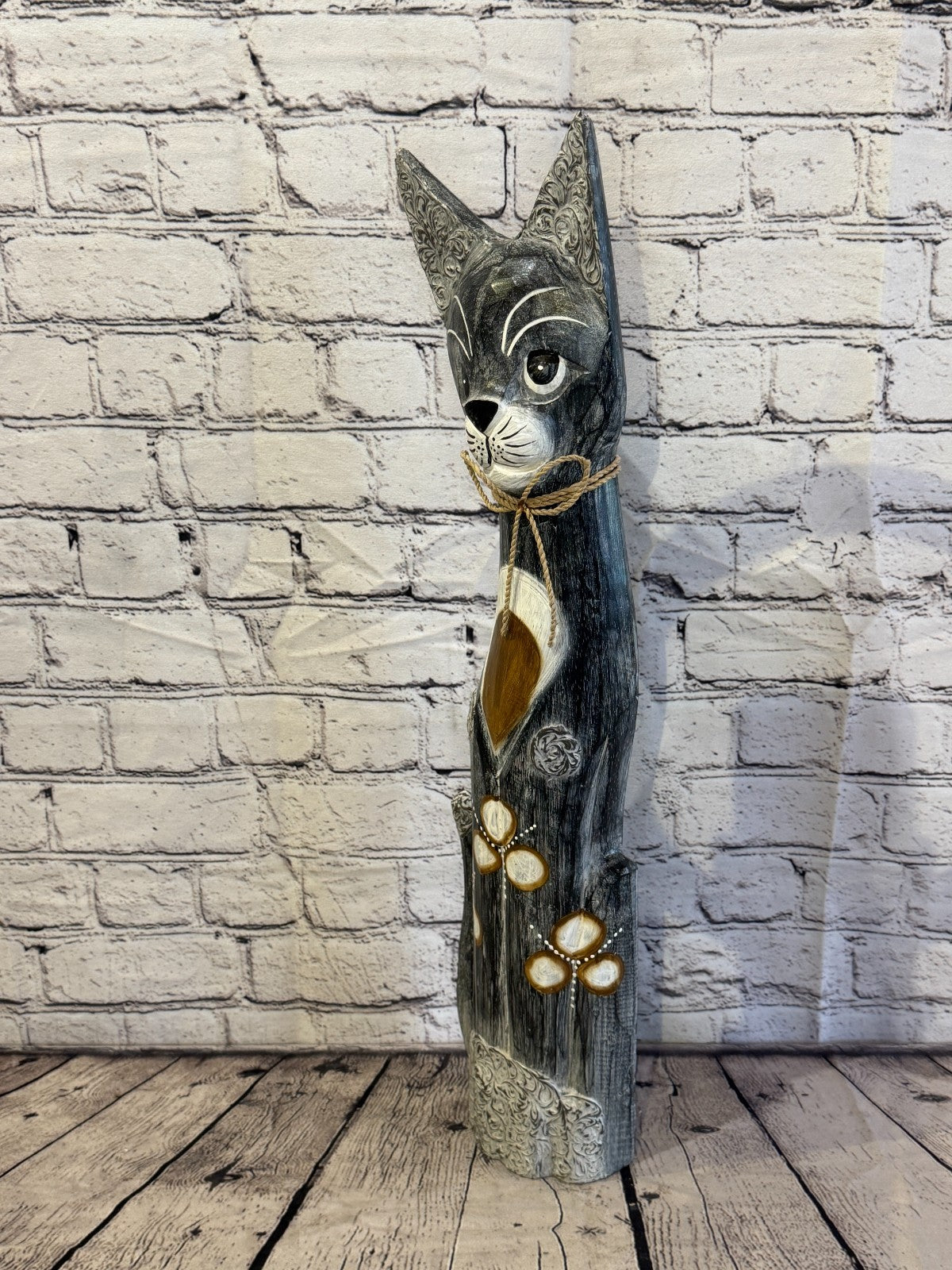 60cm Grey Silver Dots Wooden Shabby Cat Statue Ornament Fair Trade Handcarved1