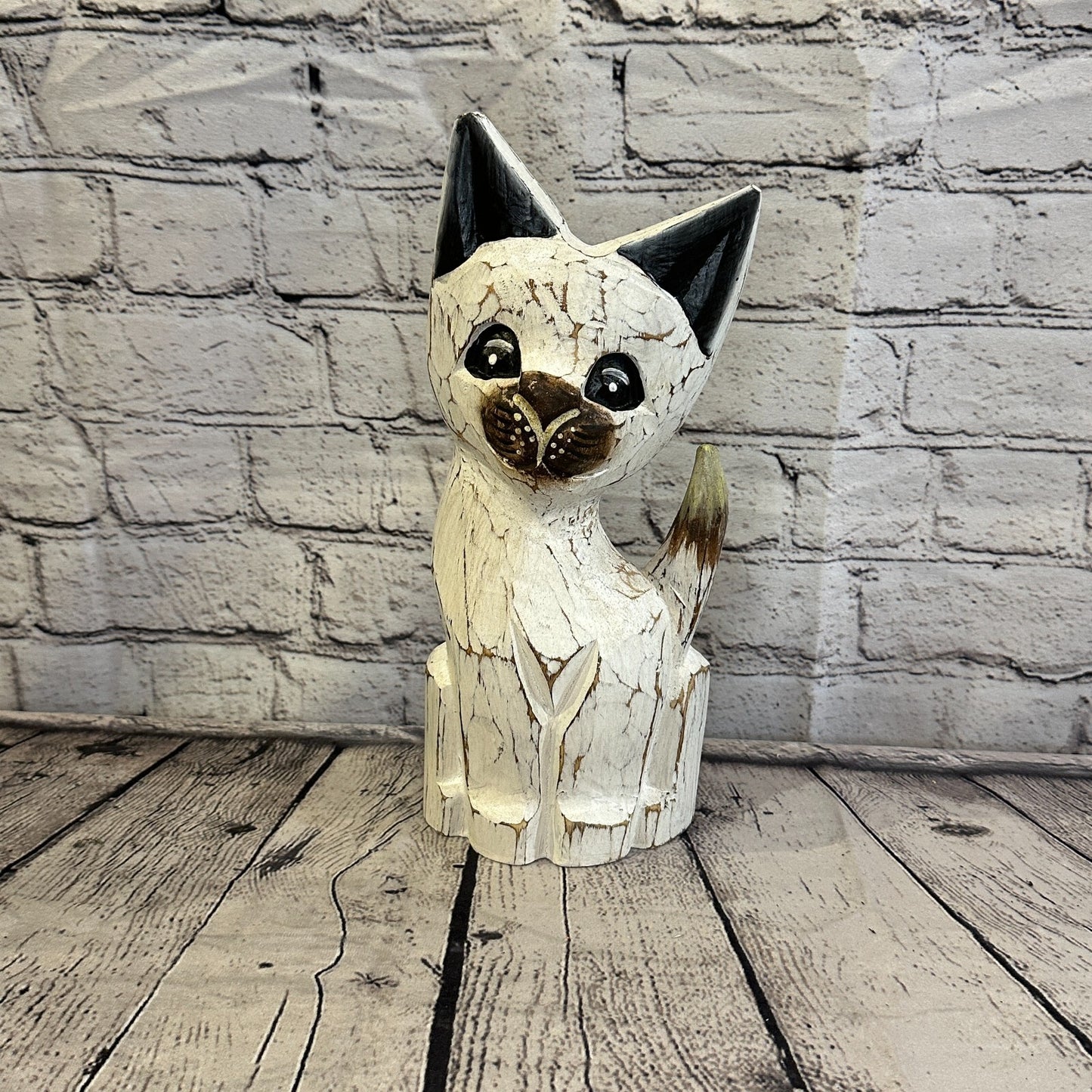 30cm x 12cm White Flower Wooden Shabby Cat Statue Ornament Fair Trade Handcarved0