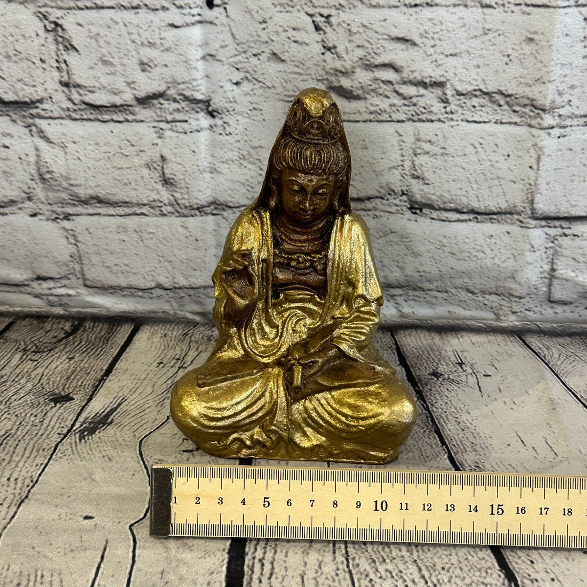 Gold & Bronze 18cm x 10cm Small Quan Yin Sitting Lotus Statue Resin Hindu God7