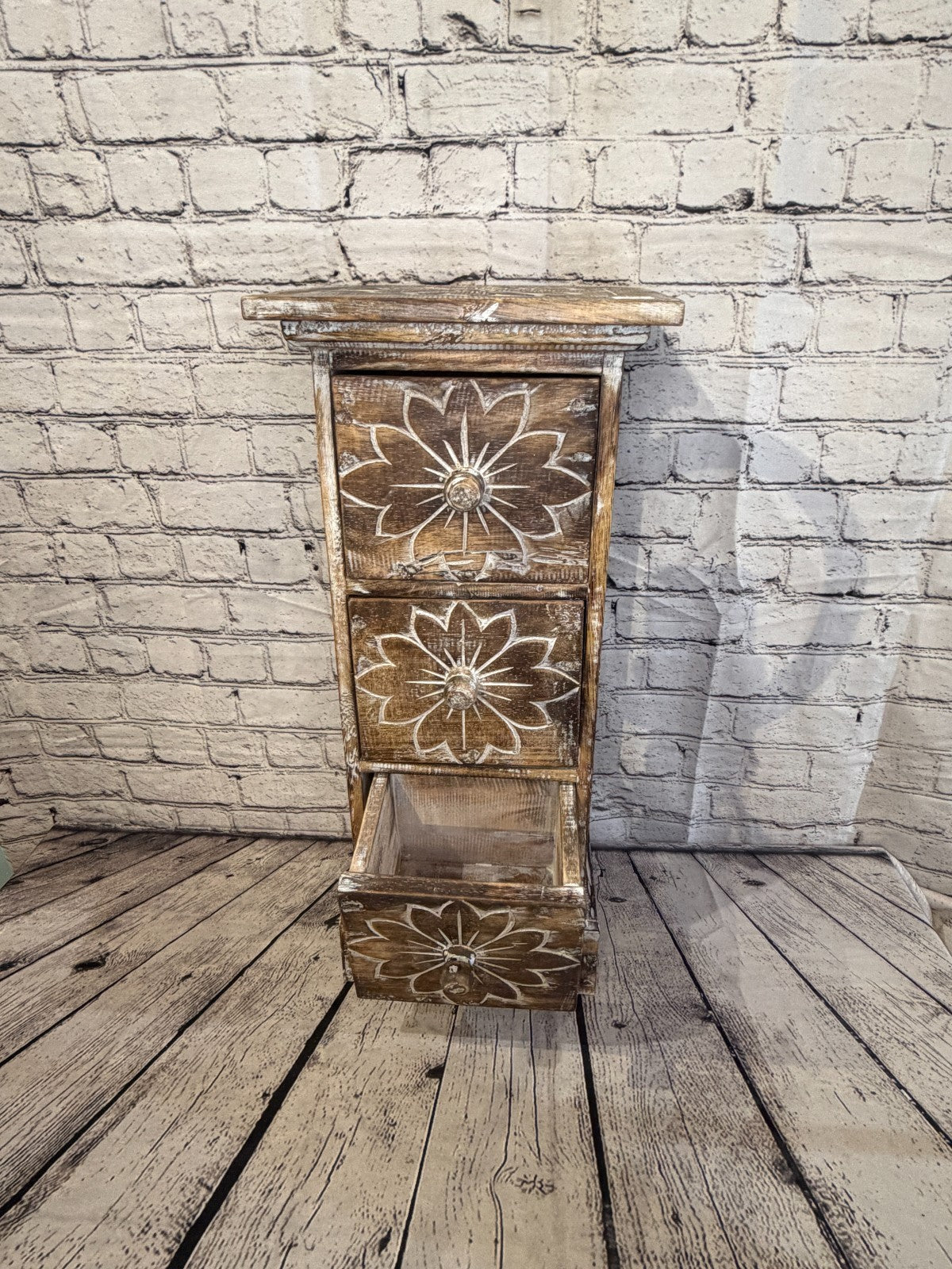 60cm x 25cm Brown 3 Draw Pillar Wooden Side Cabinet Living Storage Furniture6