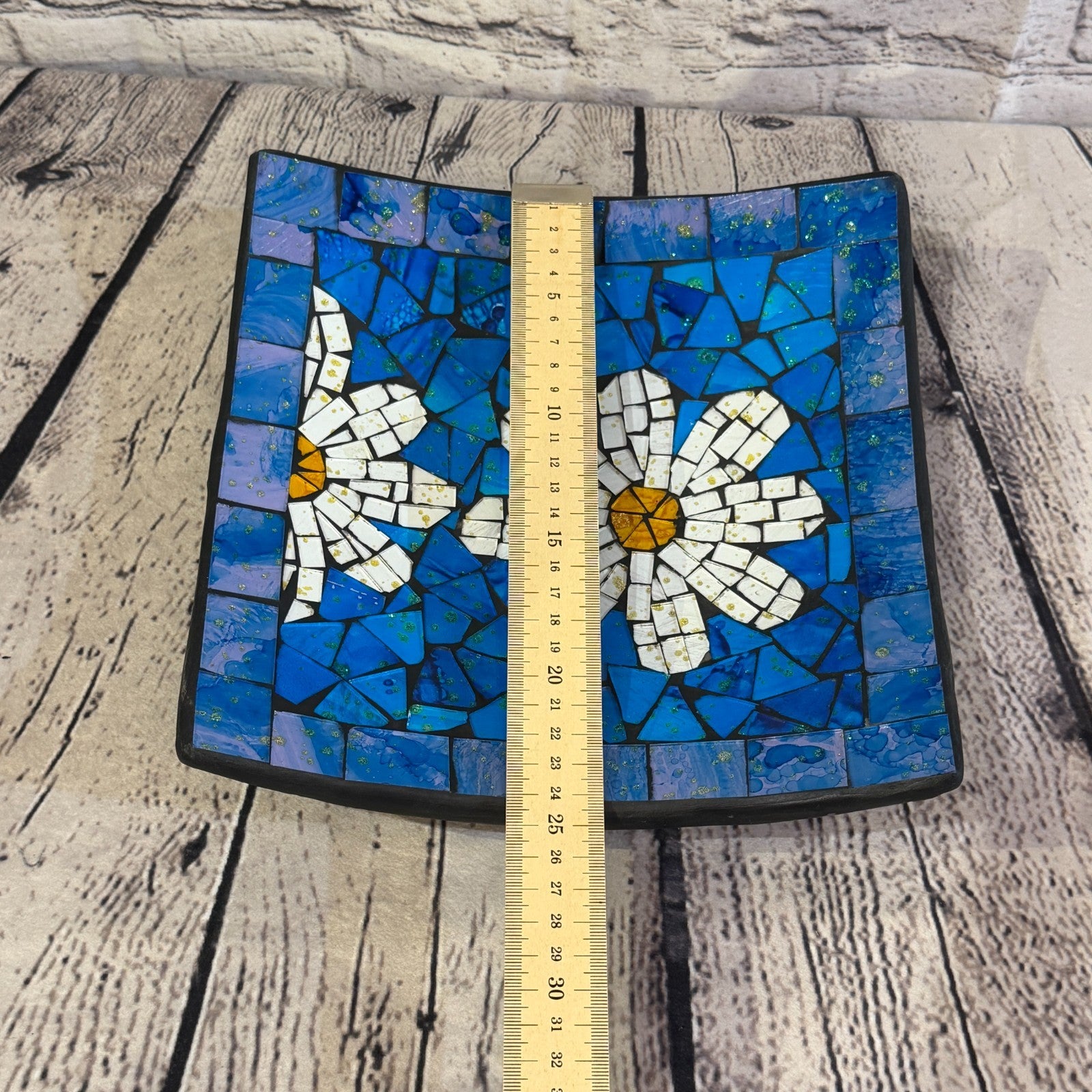 25cm Blue Daisy Flower Square Mosaic Handmade Ceramic Glass Tile Bowl Fruit2