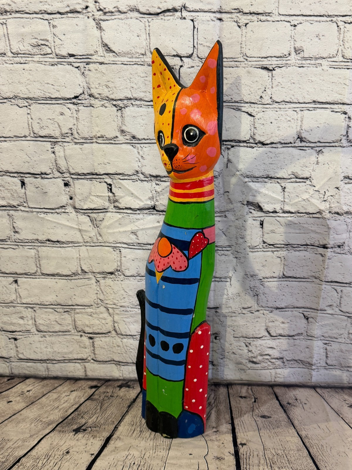 60cm Bright Mix Flower Wooden Shabby Cat Statue Ornament Fair Trade Handcarved1