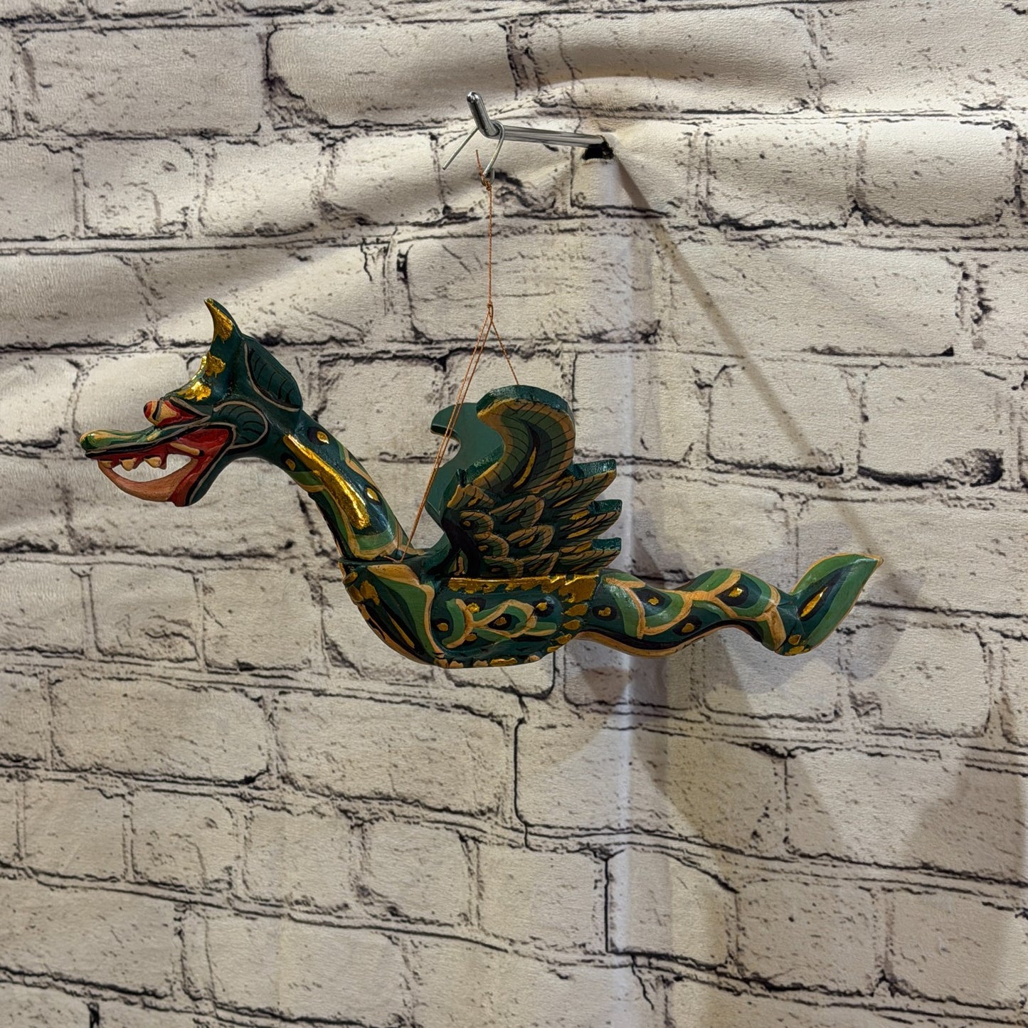 35cm Green Dragon Folk Art Carved Wood Flying Winged Mobile Spirit Guardian0