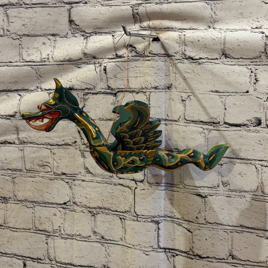 35cm Green Dragon Folk Art Carved Wood Flying Winged Mobile Spirit Guardian0