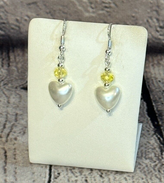 Yellow Crystal And White Heart Shaped Dangle Drop Earrings Handmade UK Jewellery0