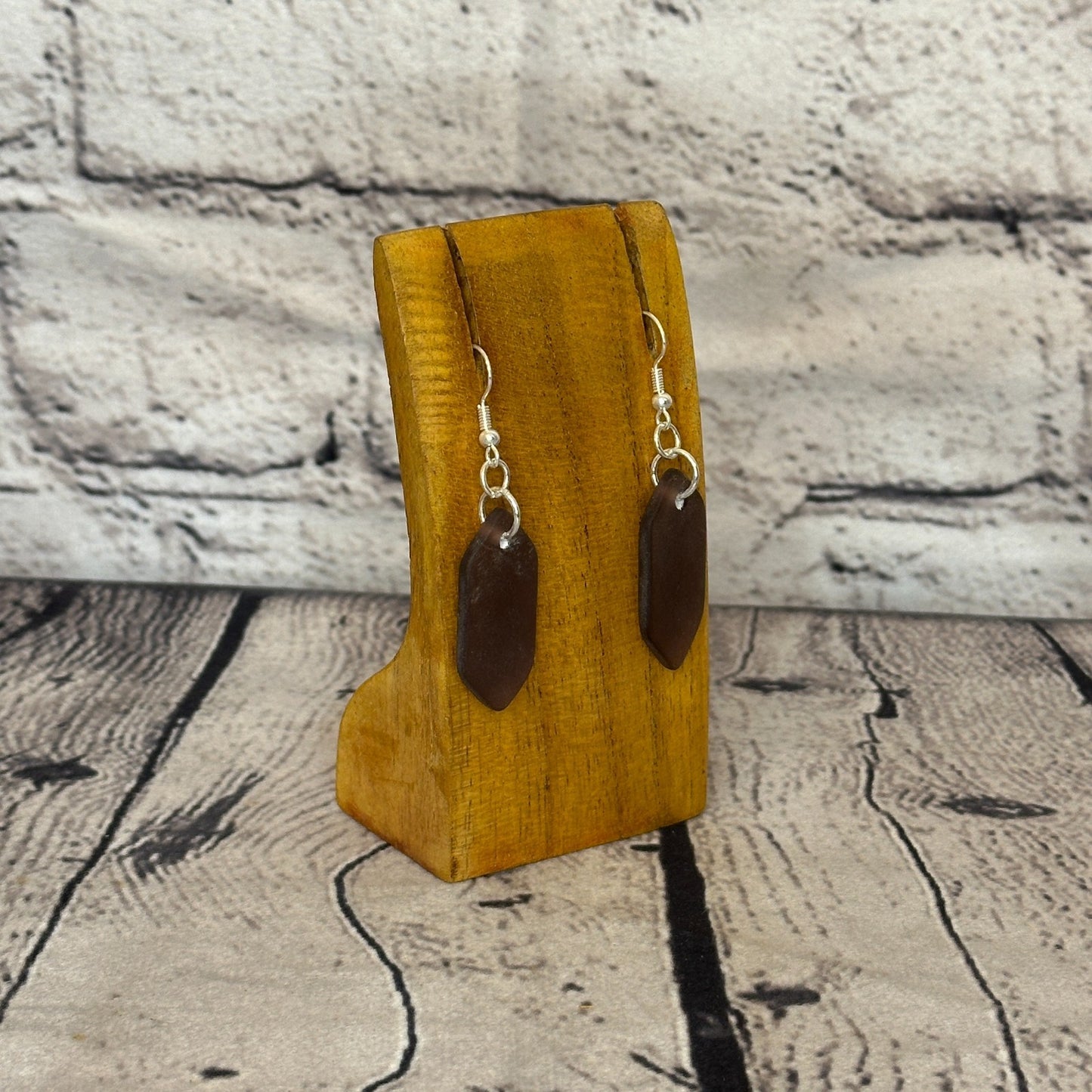 Brown Recycled Side With Silver Plate Dangle Drop Earrings Handmade UK Jewellery2