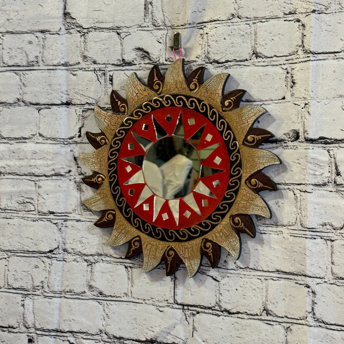 Red Gold Sun Mosaic Tile Wall Mirror 30cm x 30cm 12 Inches Handmade Fairtrade1