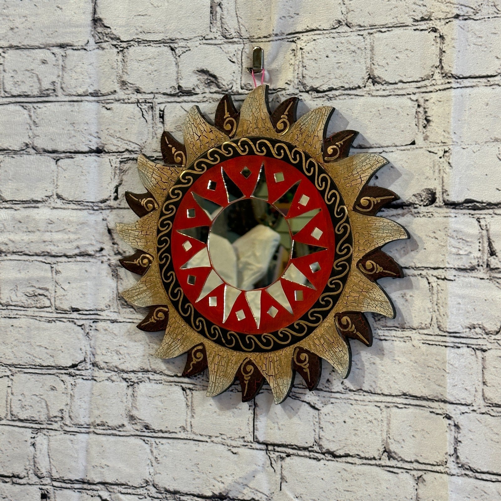 Red Gold Sun Mosaic Tile Wall Mirror 30cm x 30cm 12 Inches Handmade Fairtrade1