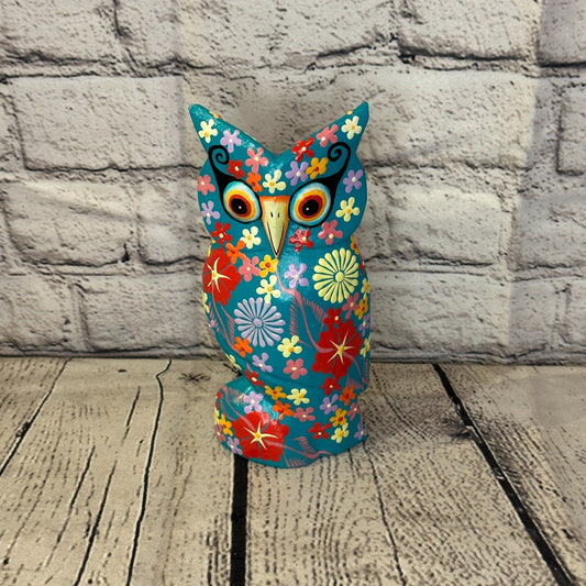 Blue Medium Wooden Owl With Flower Pattern 15cm x 8cm Handmade and Fairtrade0