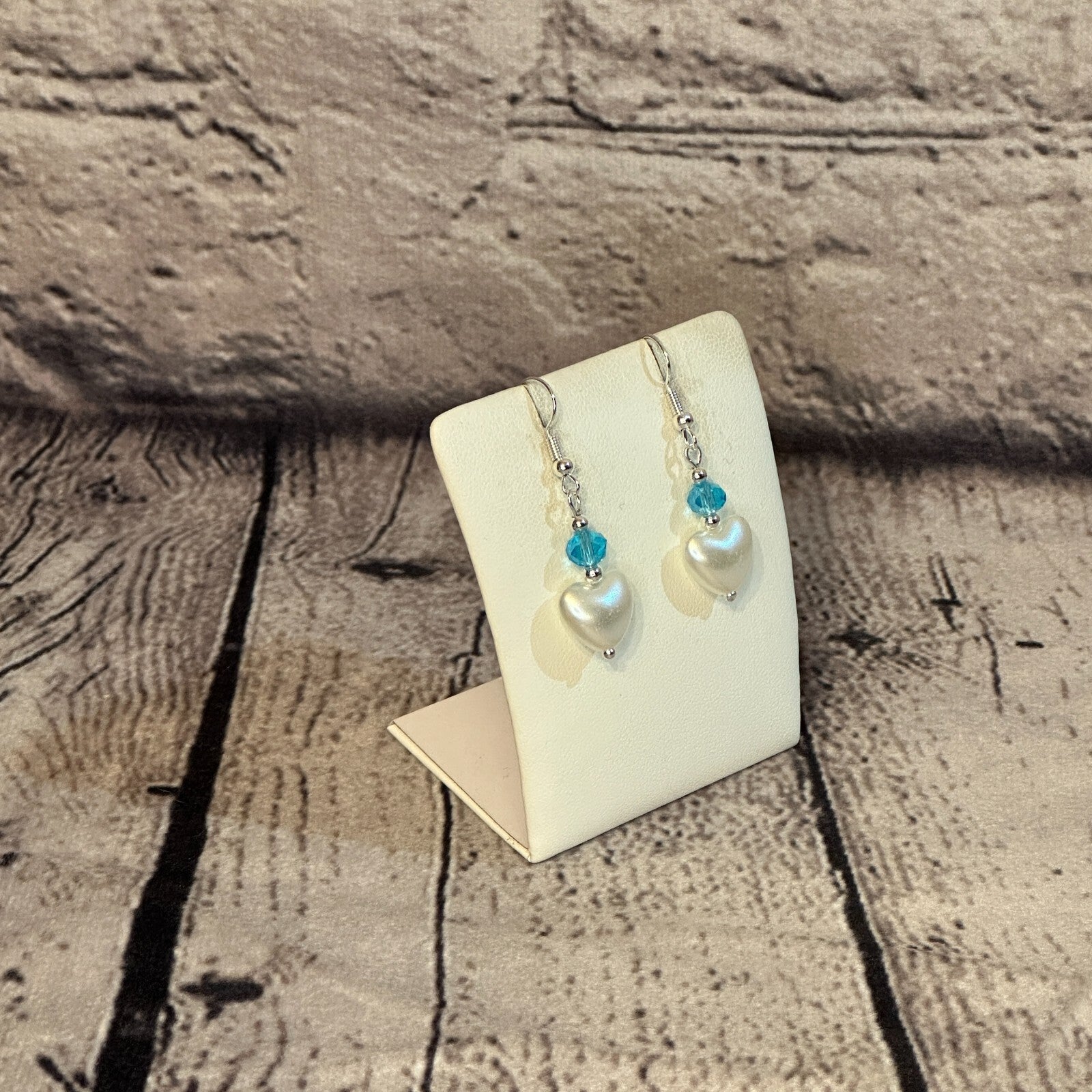 Blue Crystal And White Heart Shaped Dangle Drop Earrings Handmade UK Jewellery2