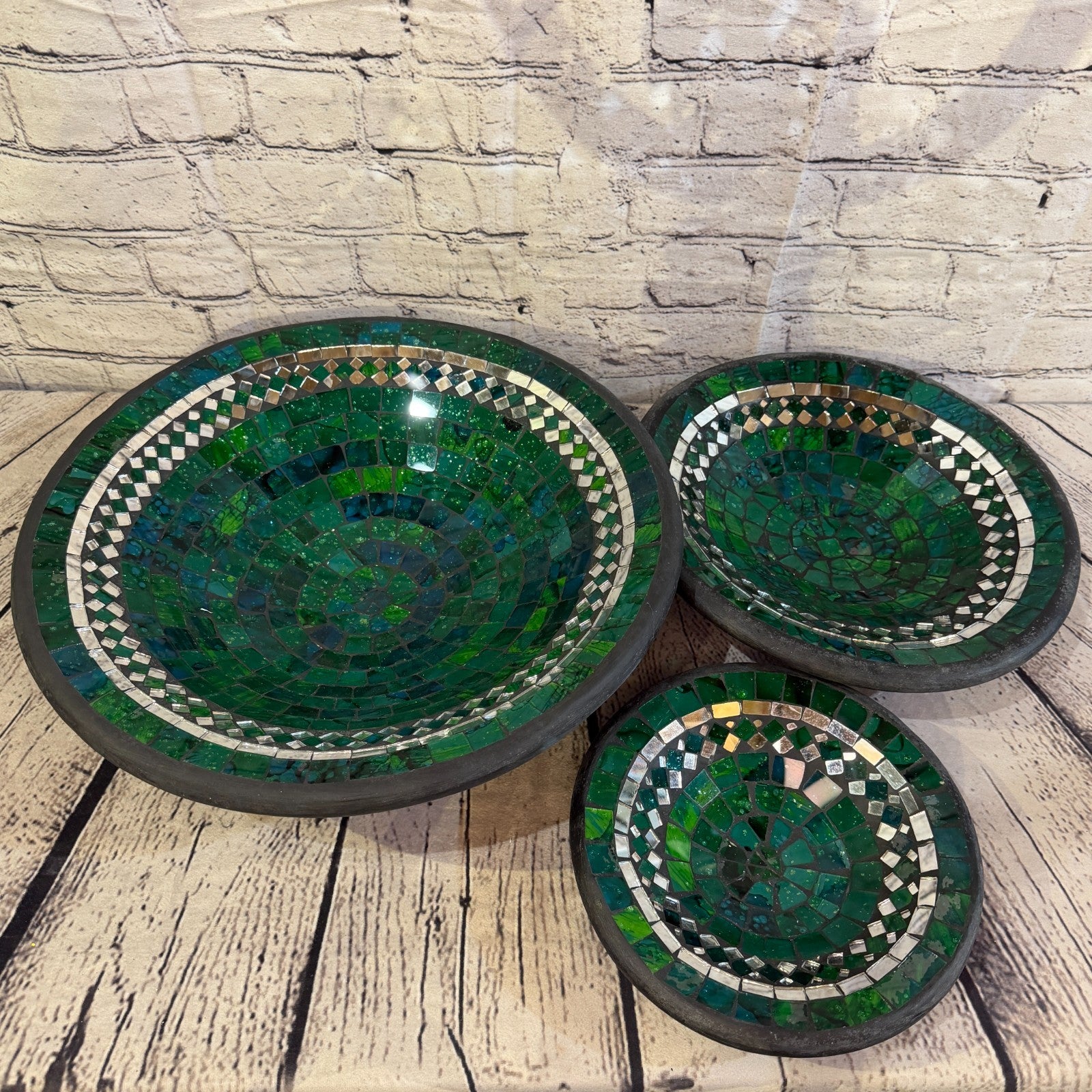 20cm Green Round Mirror Mosaic Handmade Ceramic Glass Tile Bowl Fruit4