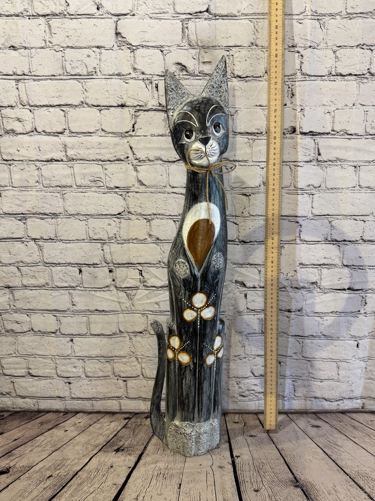 80cm Grey Silver Dots Wooden Shabby Cat Statue Ornament Fair Trade Handcarved5