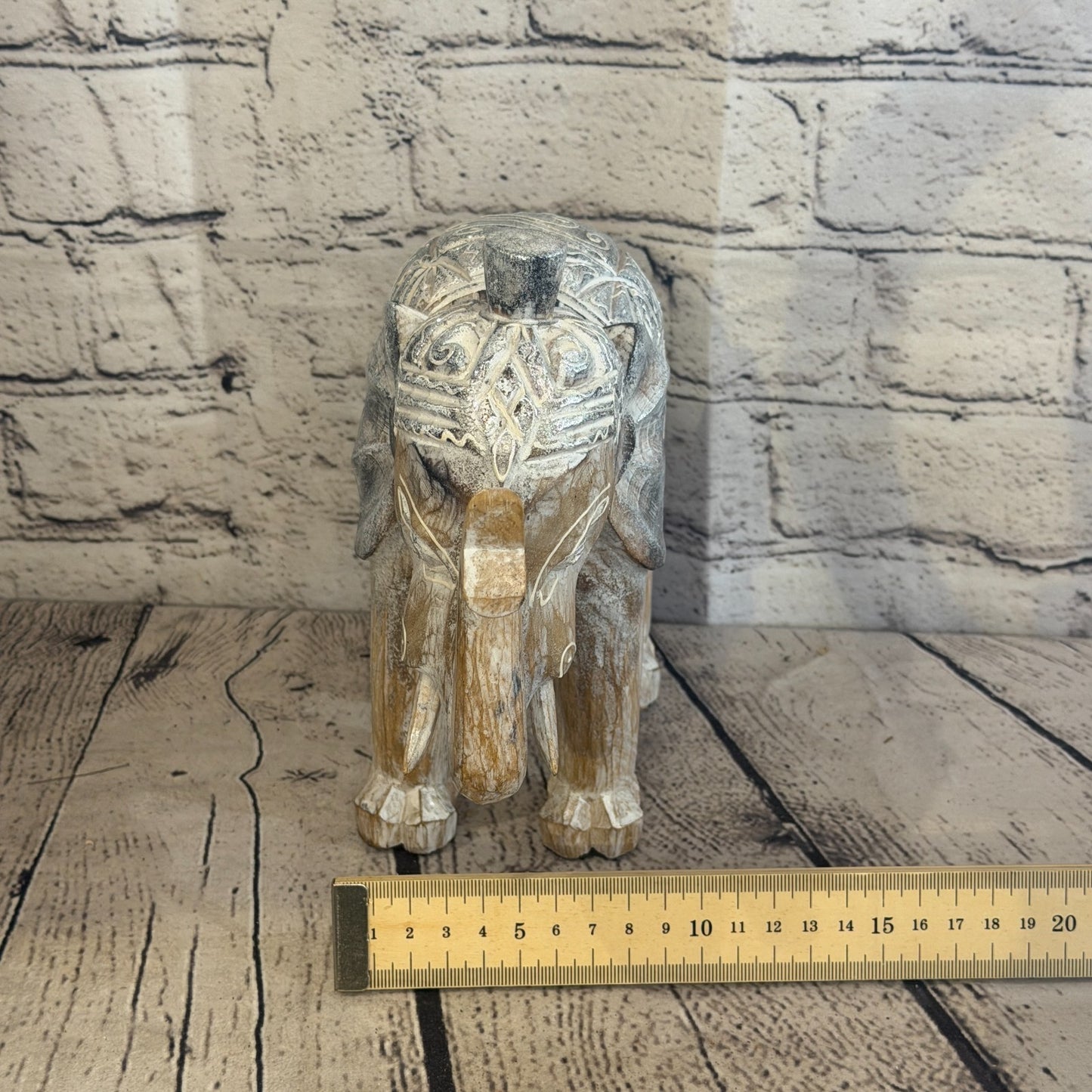 20cm x 20cm Brown Silver Wooden Standing Elephant Hand Carved & Painted8