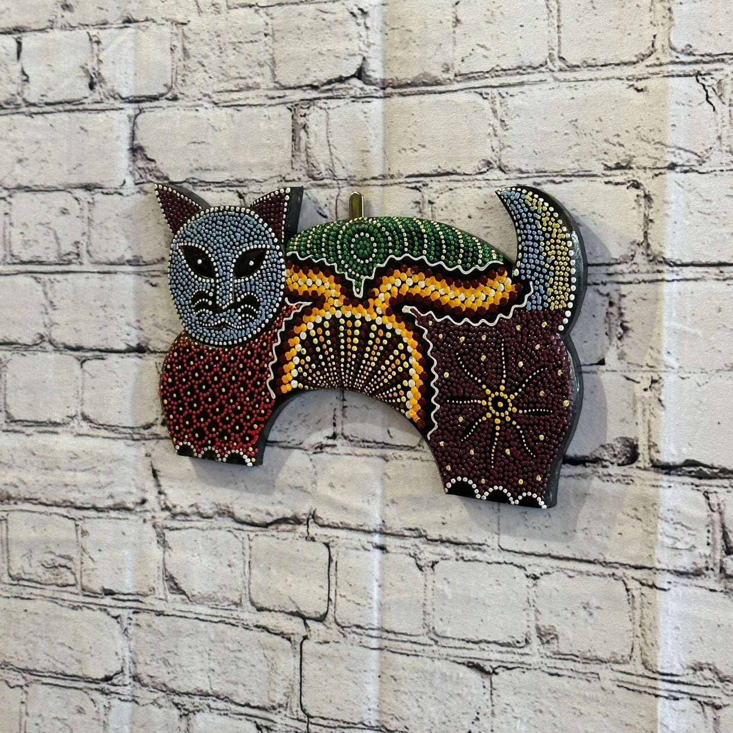 30cm Cat Carved Wooden Dot Painted Ethnic Tribal Tiki Wall Art Handmade No 22