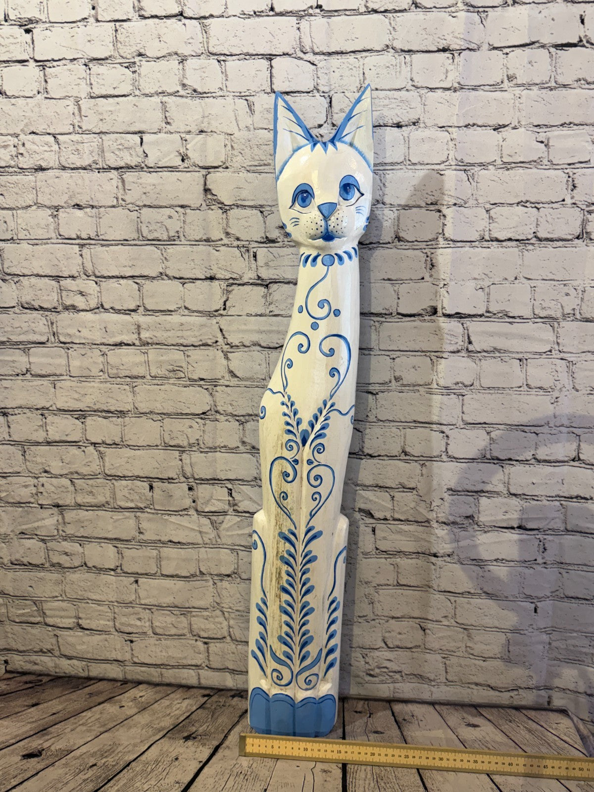 100cm Blue White Flower Wooden Shabby Cat Statue Ornament Fair Trade Handcarved6