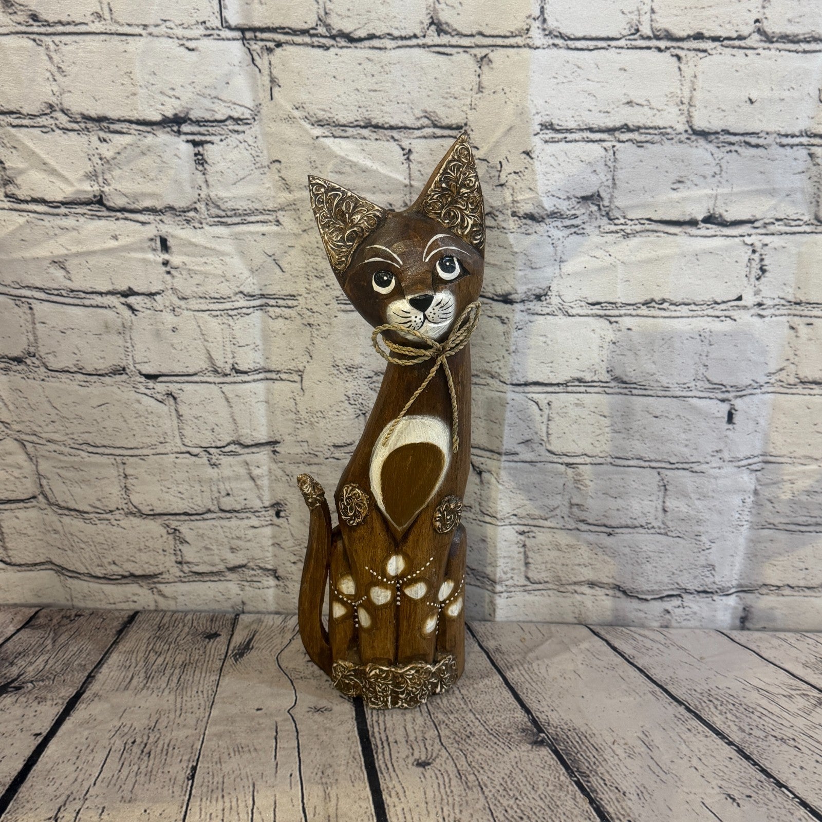 40cm Brown Silver Dots Wooden Shabby Cat Statue Ornament Fair Trade Handcarved0