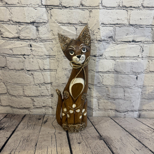 40cm Brown Silver Dots Wooden Shabby Cat Statue Ornament Fair Trade Handcarved0