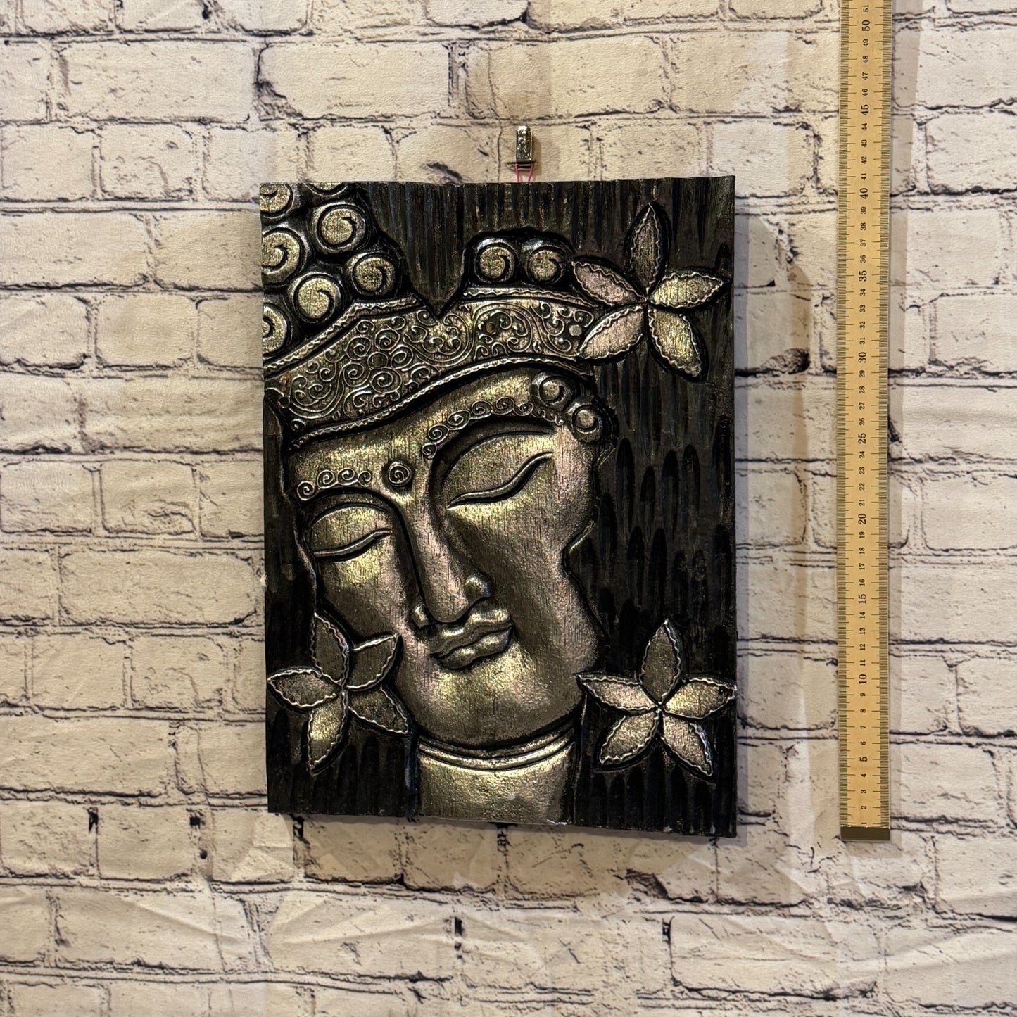 Wooden Wood Panel 40cm Silver Black Buddha Flower Wall Art Plaque Handcarved4
