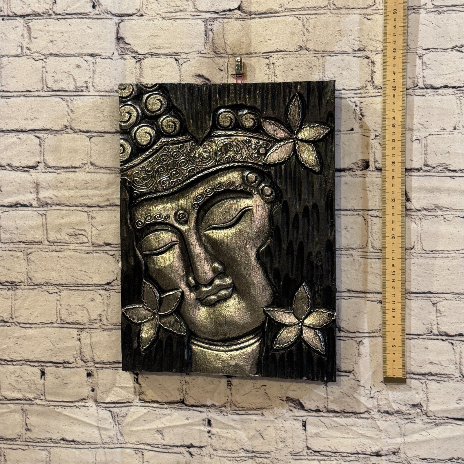 Wooden Wood Panel 40cm Silver Black Buddha Flower Wall Art Plaque Handcarved4