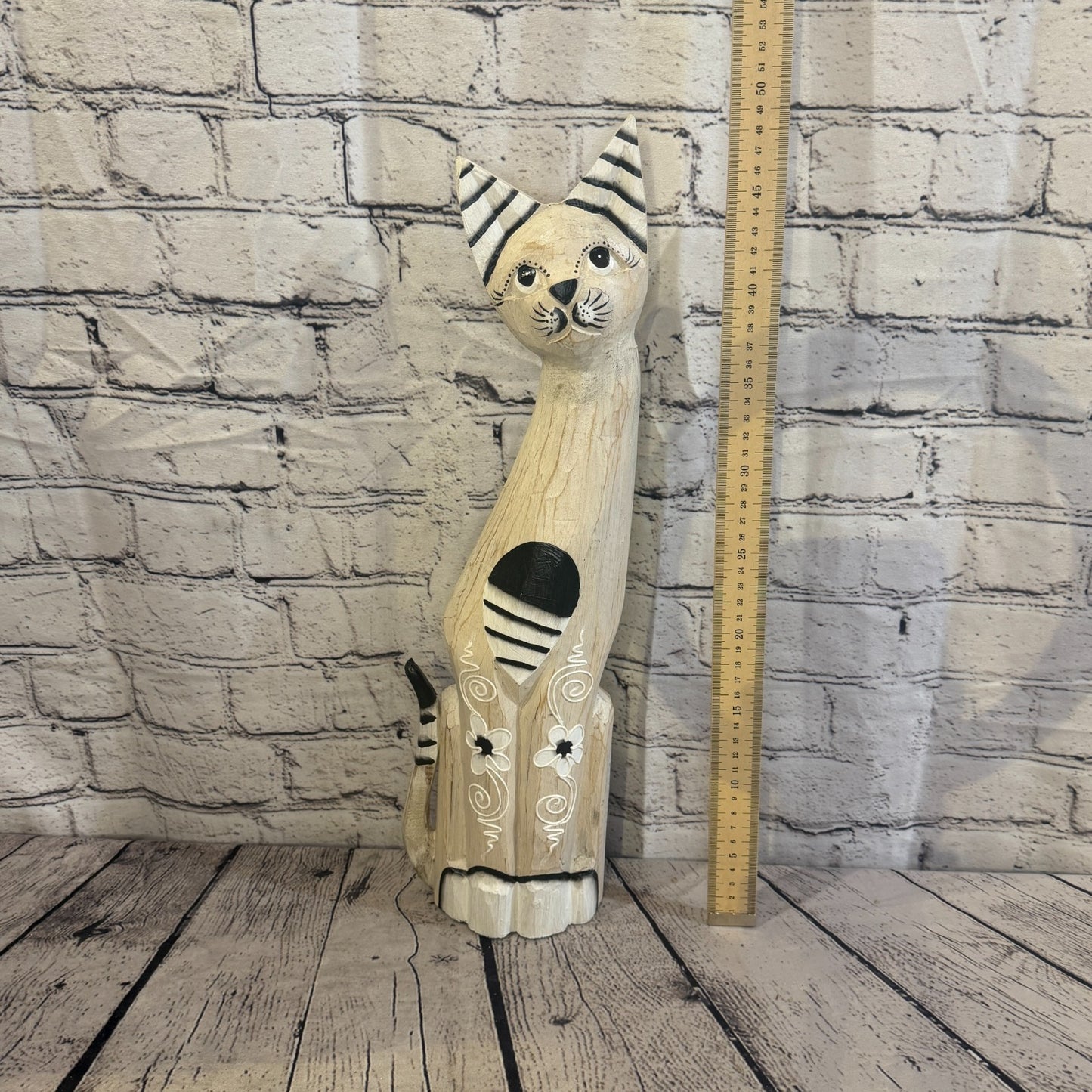 50cm White Flower Wooden Shabby Cat Statue Ornament Fair Trade Handcarved5